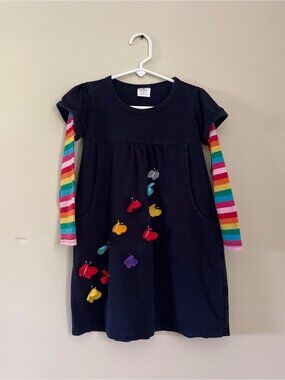 Vikita Girls Size 5-6 Long Sleeve Navy Blue Dress Rainbow Sleeves Pockets